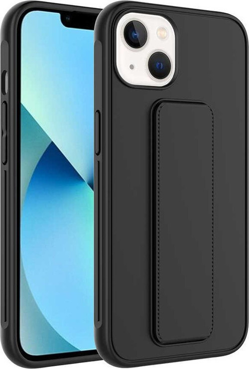 Apple iPhone 13 Kapak Standlı El Tutacaklı Silikon Kılıf - Siyah