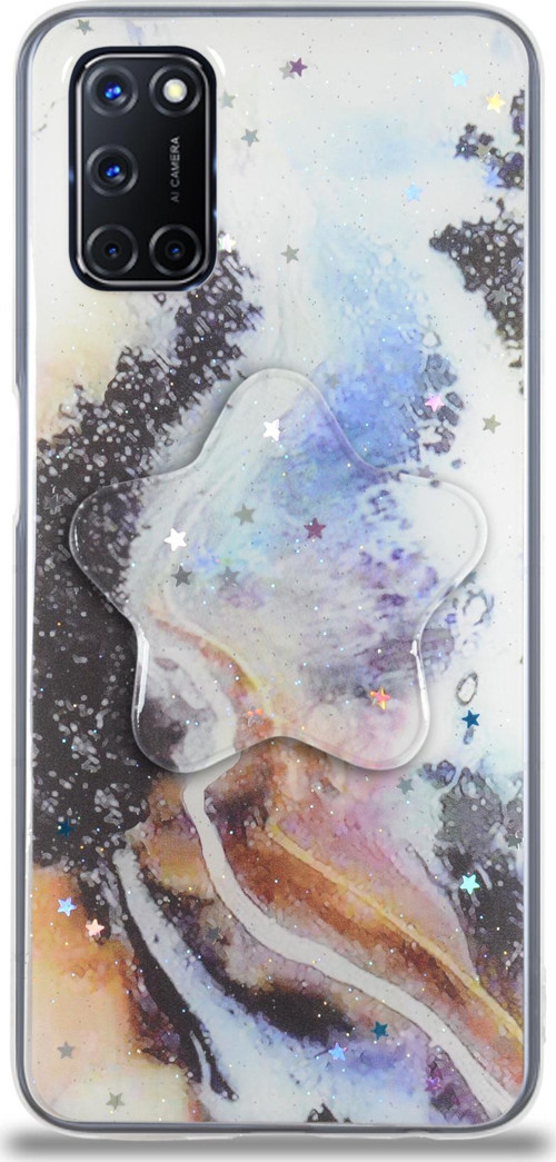 Oppo A92 Kapak Mermer Desenli Pop Socketli Silikon Kılıf - Mor