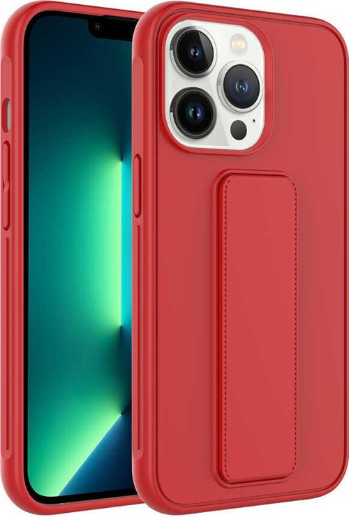 Apple iPhone 13 Pro Max Kapak Standlı El Tutacaklı Silikon Kılıf - Kırmızı