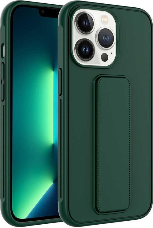 Apple iPhone 13 Pro Max Kapak Standlı El Tutacaklı Silikon Kılıf - Koyu Yeşil