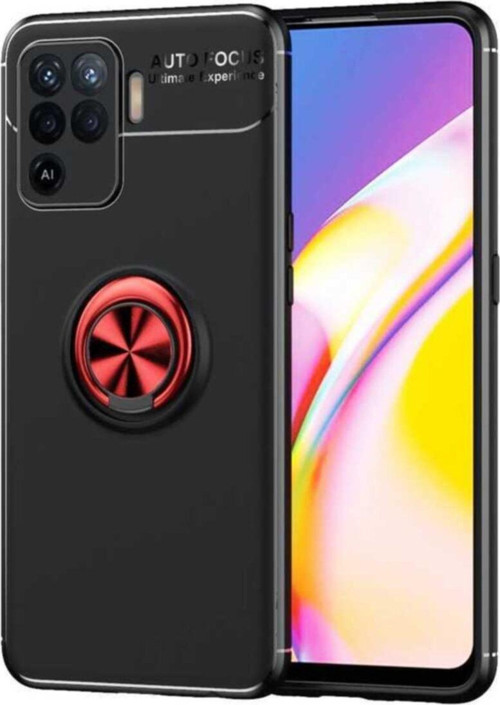 Oppo A94 Kılıf Renkli Yüzüklü Manyetik Silikon Kapak Siyah - Kırmızı