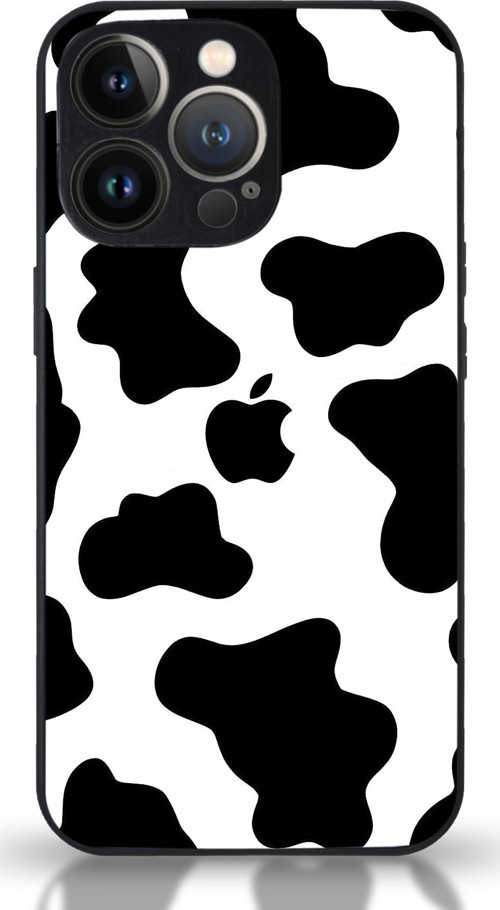 Apple iPhone 13 Pro Max Uyumlu Kamera Korumalı Cam Kapak - Siyah İnek Desenli