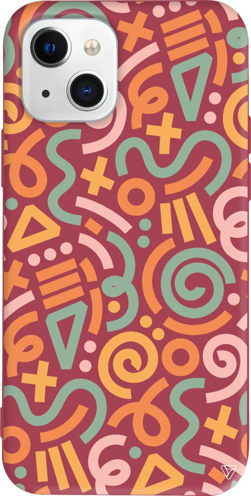iPhone 15 Plus Uyumlu Bordo Renkli Silikon Doodle Abstract Koleksiyonu Telefon Kılıfı