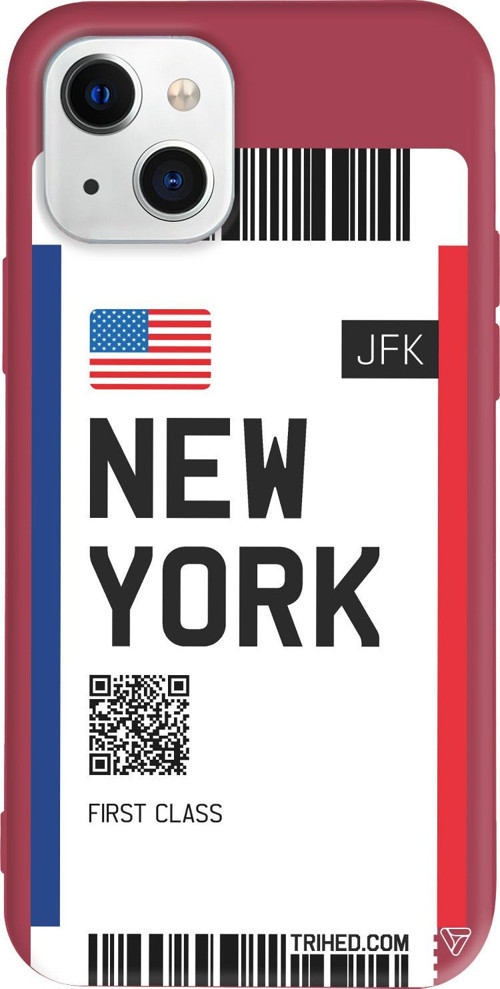 iPhone 15 Plus Uyumlu Bordo Renkli Silikon New York Bileti Telefon Kılıfı