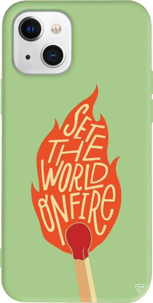 iPhone 15 Plus Uyumlu Açık Yeşil Renkli Silikon World on Fire Telefon Kılıfı
