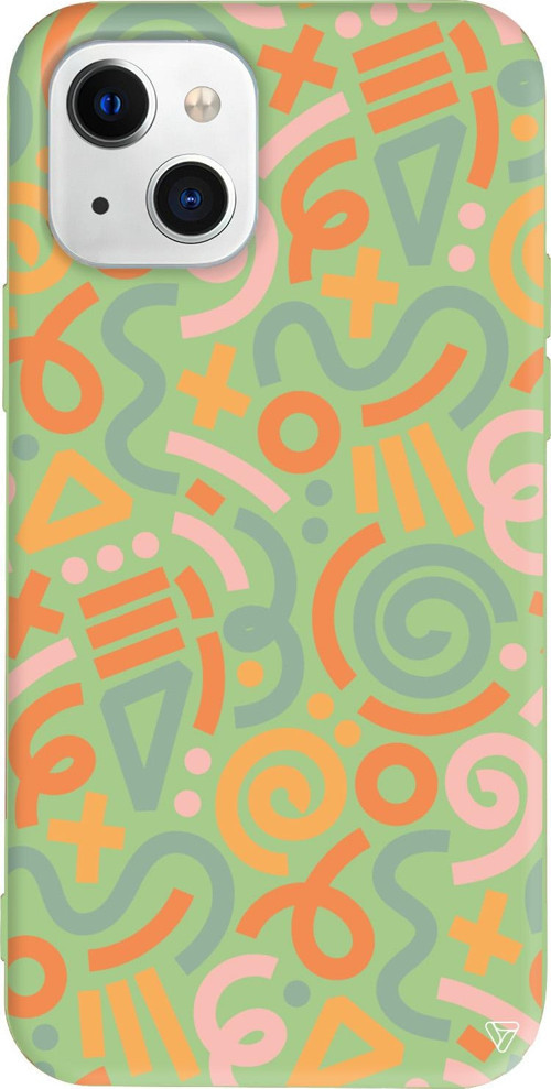 iPhone 15 Plus Uyumlu Açık Yeşil Renkli Silikon Doodle Abstract Koleksiyonu Telefon Kılıfı