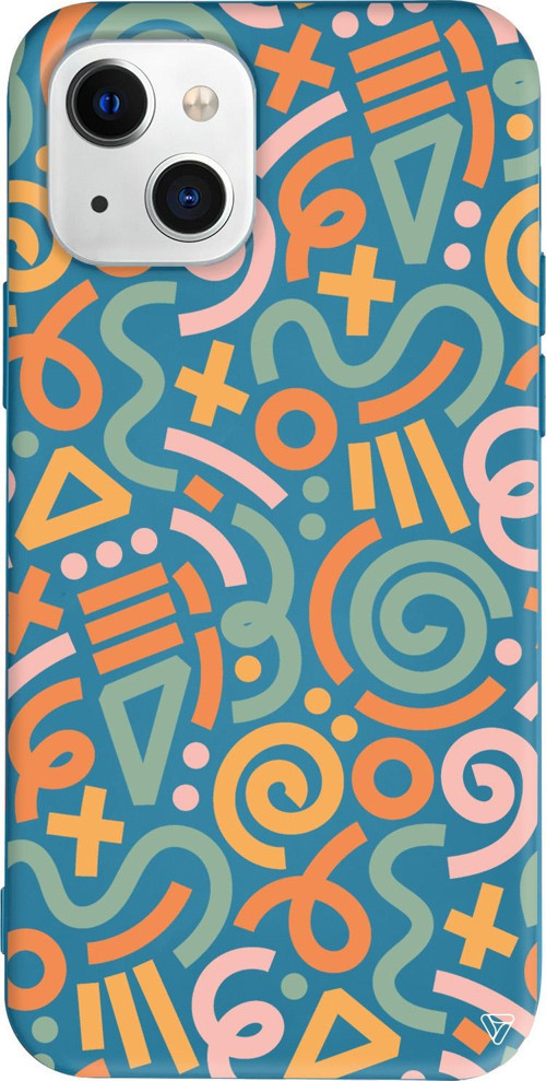 iPhone 15 Plus Uyumlu Lacivert Renkli Silikon Doodle Abstract Koleksiyonu Telefon Kılıfı