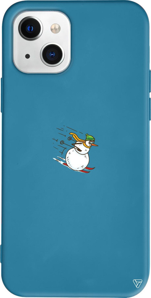 iPhone 15 Plus Uyumlu Lacivert Renkli Silikon Snowman Skiing Telefon Kılıfı