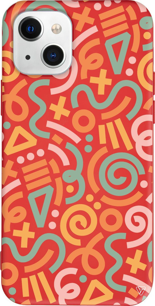 iPhone 15 Plus Uyumlu Kırmızı Renkli Silikon Doodle Abstract Koleksiyonu Telefon Kılıfı