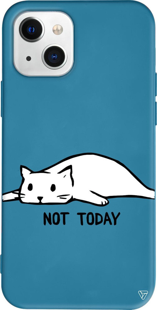 iPhone 15 Plus Uyumlu Lacivert Renkli Silikon Kedi Not Today Telefon Kılıfı
