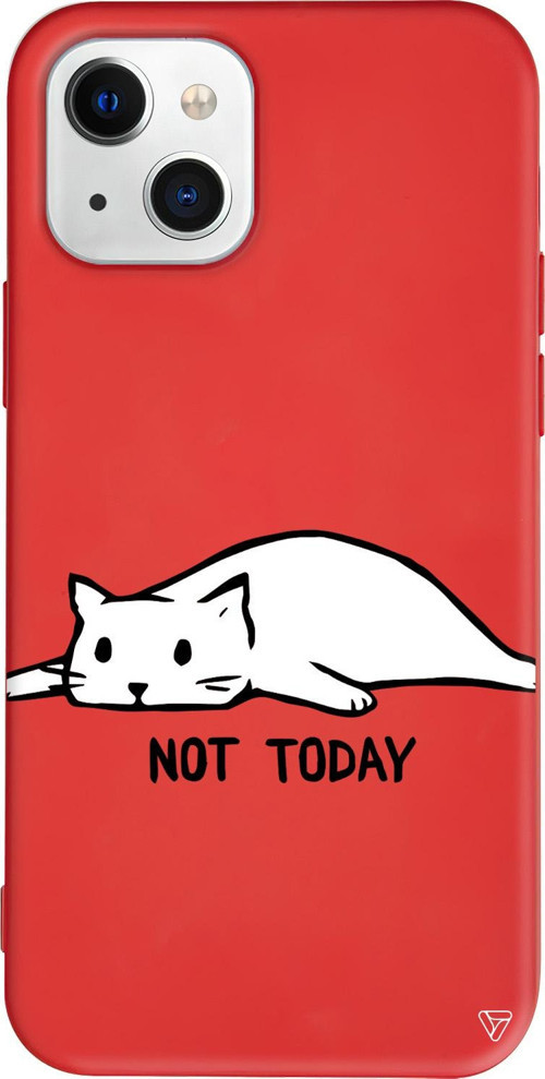 iPhone 15 Plus Uyumlu Kırmızı Renkli Silikon Kedi Not Today Telefon Kılıfı