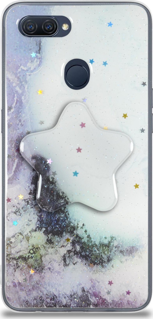 Oppo AX7 Kapak Mermer Desenli Pop Socketli Silikon Kılıf - Beyaz