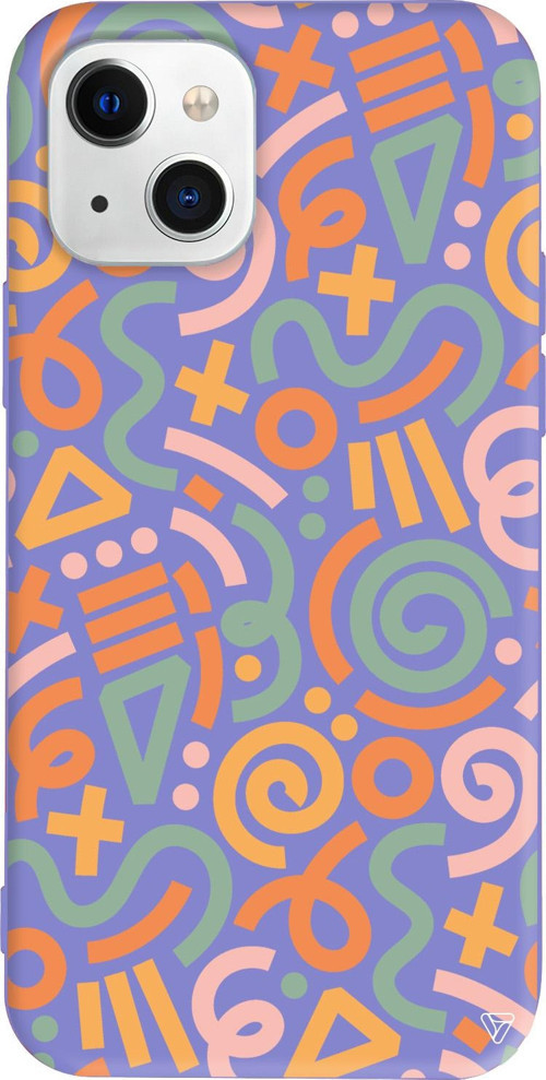 iPhone 15 Plus Uyumlu Lila Renkli Silikon Doodle Abstract Koleksiyonu Telefon Kılıfı