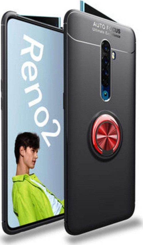 Oppo Reno 2 Z Kılıf Renkli Yüzüklü Manyetik Silikon Kapak Siyah - Kırmızı
