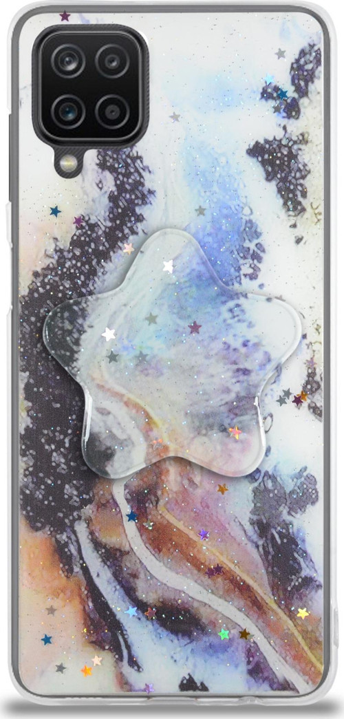 Samsung Galaxy M12 Kapak Mermer Desenli Pop Socketli Silikon Kılıf - Mor