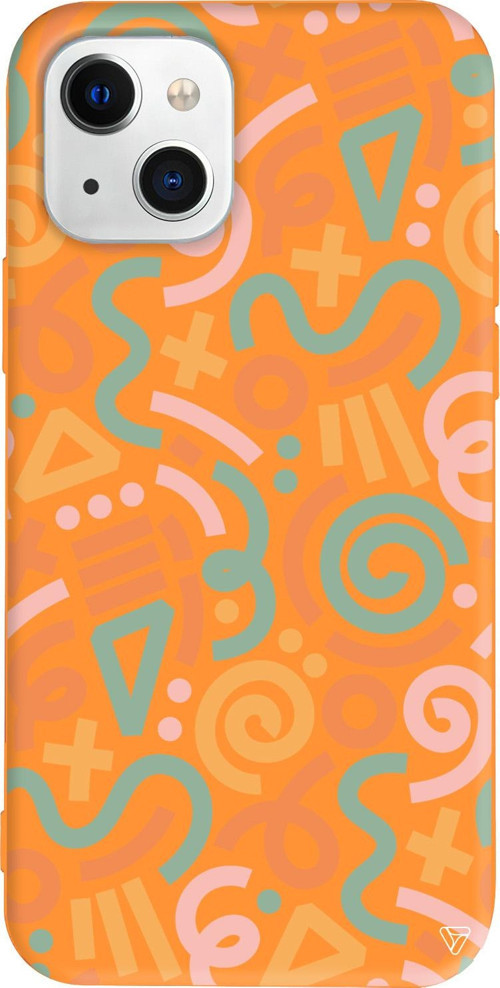 iPhone 15 Plus Uyumlu Turuncu Renkli Silikon Doodle Abstract Koleksiyonu Telefon Kılıfı