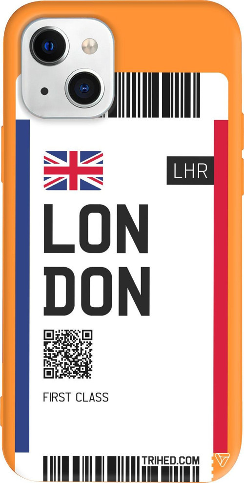 iPhone 15 Plus Uyumlu Turuncu Renkli Silikon London Bileti Telefon Kılıfı
