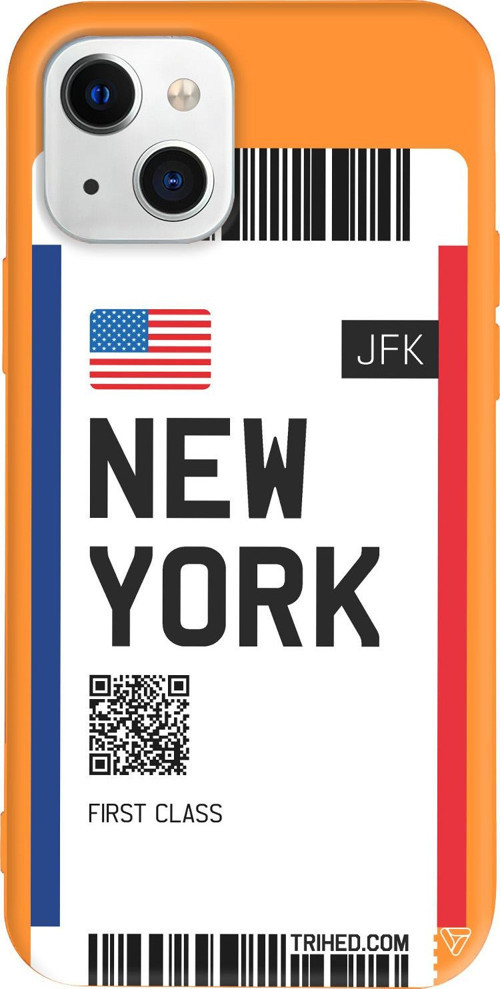 iPhone 15 Plus Uyumlu Turuncu Renkli Silikon New York Bileti Telefon Kılıfı