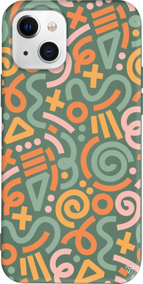 iPhone 15 Plus Uyumlu Yeşil Renkli Silikon Doodle Abstract Koleksiyonu Telefon Kılıfı