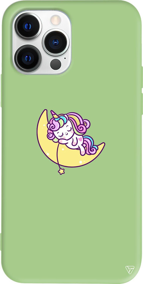 iPhone 15 Pro Max Uyumlu Açık Yeşil Renkli Silikon Sleepy Unicorn Telefon Kılıfı