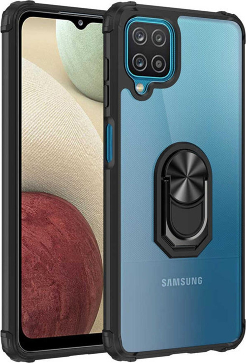 Samsung Galaxy M12 Kapak Şeffaf Yüzüklü Kenar Korumalı Standlı Kılıf - Siyah