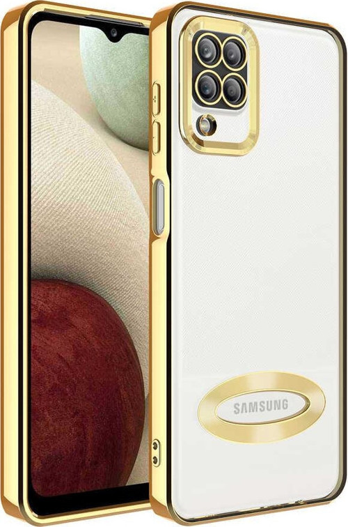 Samsung Galaxy M12 Kapak Yanları Renkli Lens Korumalı Logo Gösteren Luxury Silikon Kılıf - Gold