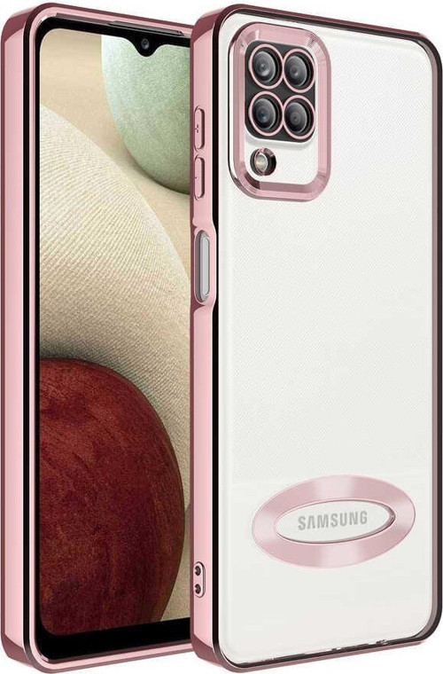 Samsung Galaxy M12 Kapak Yanları Renkli Lens Korumalı Logo Gösteren Luxury Silikon Kılıf - Rose
