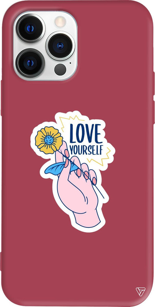 iPhone 15 Pro Max Uyumlu Bordo Renkli Silikon Love Yourself Telefon Kılıfı