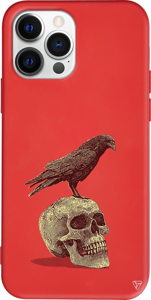iPhone 15 Pro Max Uyumlu Kırmızı Renkli Silikon Kuzgun ve Kuru Kafa Telefon Kılıfı