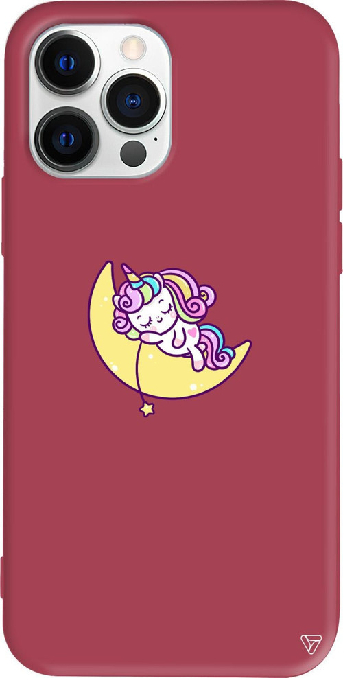 iPhone 15 Pro Max Uyumlu Bordo Renkli Silikon Sleepy Unicorn Telefon Kılıfı