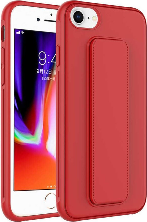 Apple iPhone 8 Kapak Standlı El Tutacaklı Silikon Kılıf - Kırmızı