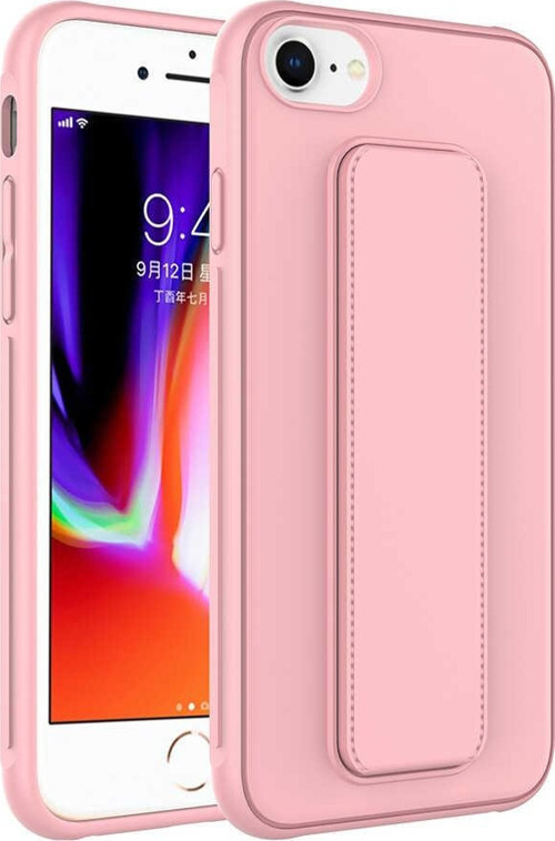 Apple iPhone 8 Kapak Standlı El Tutacaklı Silikon Kılıf - Pembe