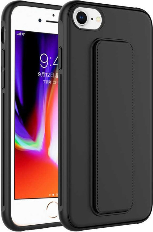 Apple iPhone 8 Kapak Standlı El Tutacaklı Silikon Kılıf - Siyah