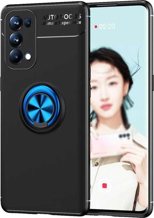 Oppo Reno 5 5G Kılıf Renkli Yüzüklü Manyetik Silikon Kapak Siyah - Mavi