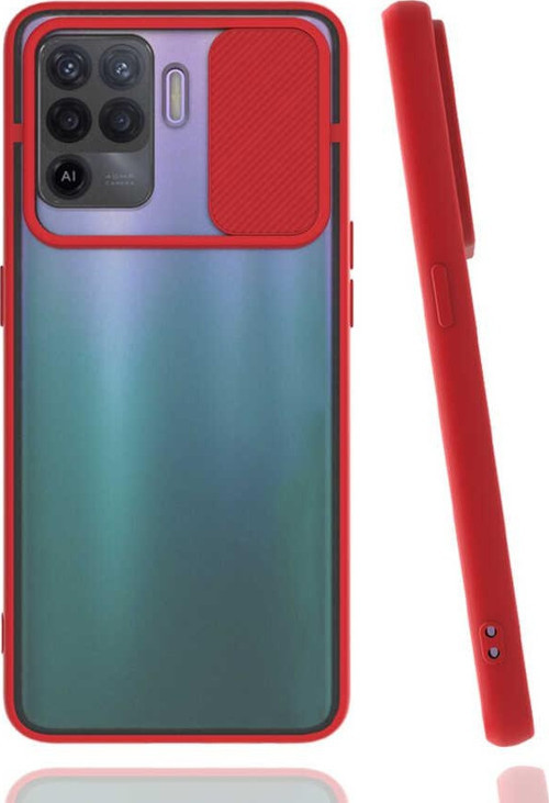 Oppo Reno 5 Lite Kapak Lensi Açılır Kapanır Kamera Korumalı Silikon Kılıf - Kırmızı