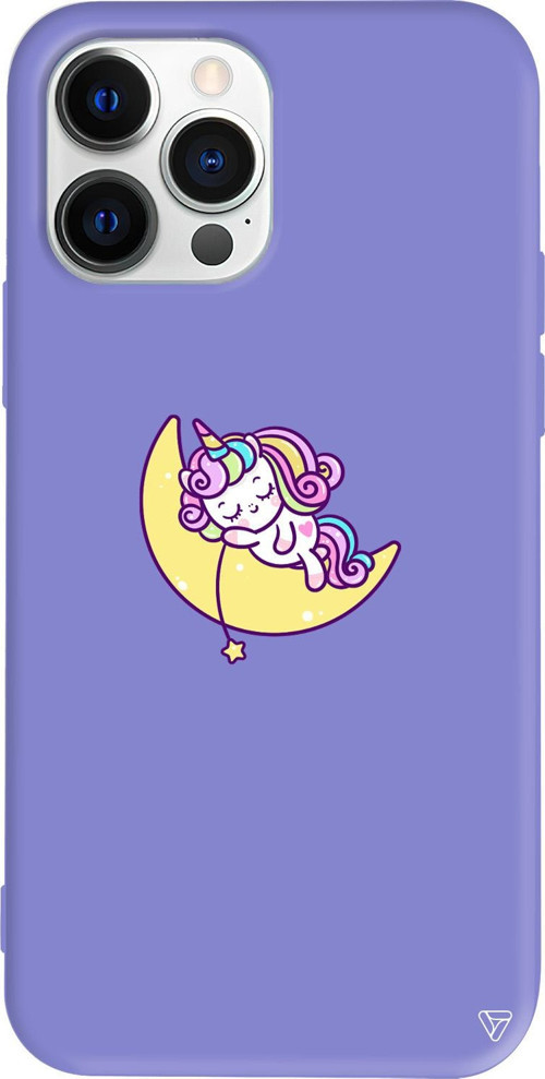 iPhone 15 Pro Max Uyumlu Lila Renkli Silikon Sleepy Unicorn Telefon Kılıfı