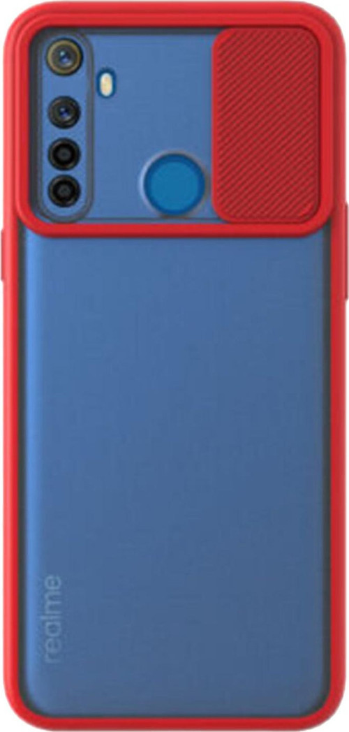 Realme 5i Kapak Lensi Açılır Kapanır Kamera Korumalı Silikon Kılıf - Kırmızı