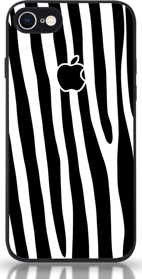 Apple iPhone 8 Uyumlu Kamera Korumalı Cam Kapak - Siyah Zebra Desenli