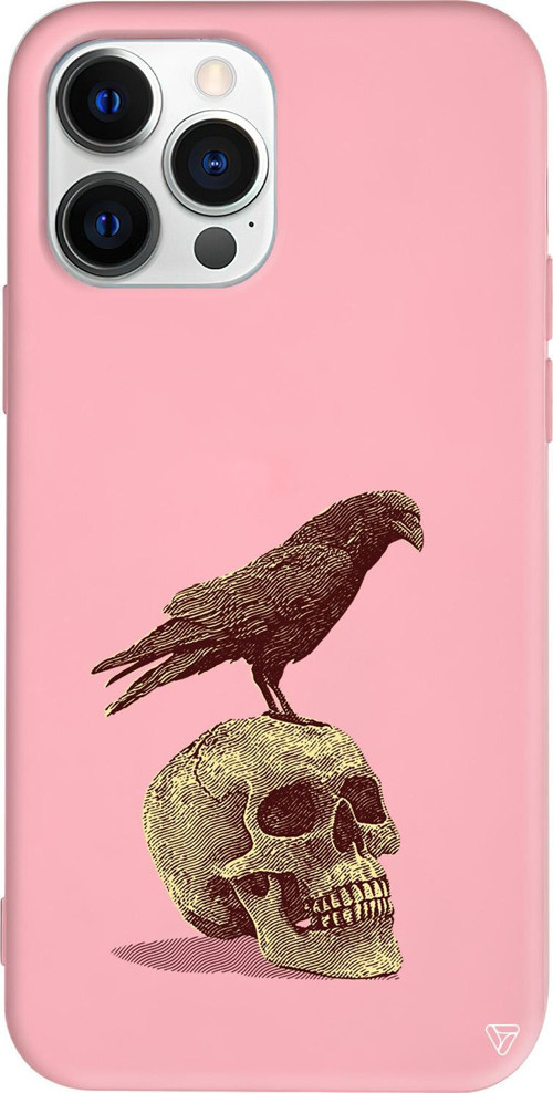 iPhone 15 Pro Max Uyumlu Pembe Renkli Silikon Kuzgun ve Kuru Kafa Telefon Kılıfı