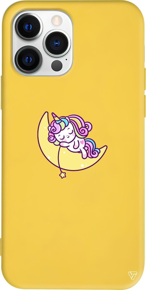iPhone 15 Pro Max Uyumlu Sarı Renkli Silikon Sleepy Unicorn Telefon Kılıfı