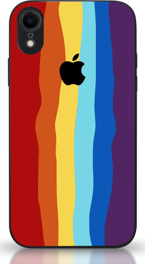 Apple iPhone XR Uyumlu Kamera Korumalı Cam Kapak - Siyah Gökkuşağı Desenli