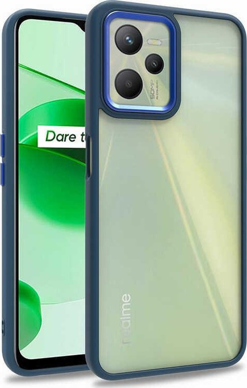 Realme C35 Kapak Metal Kamera Korumalı Arkası Şeffaf Silikon Kılıf - Mavi