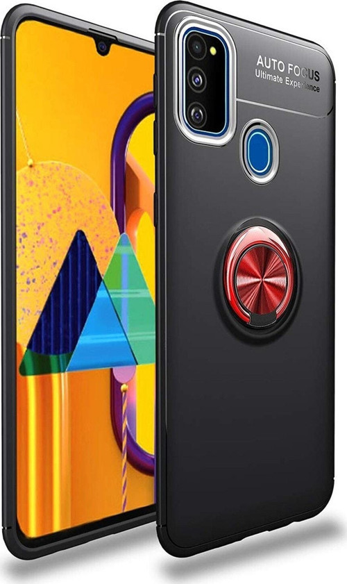 Samsung Galaxy M30S Kılıf Renkli Yüzüklü Manyetik Silikon Kapak Siyah - Kırmızı