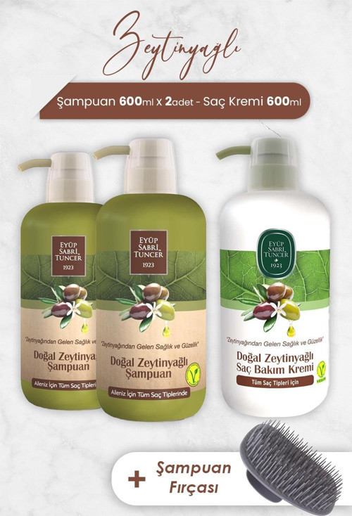 Zeytinyağlı Şampuan 600 ml x 2 Adet, Saç Kremi ve Şampaun Fırçası