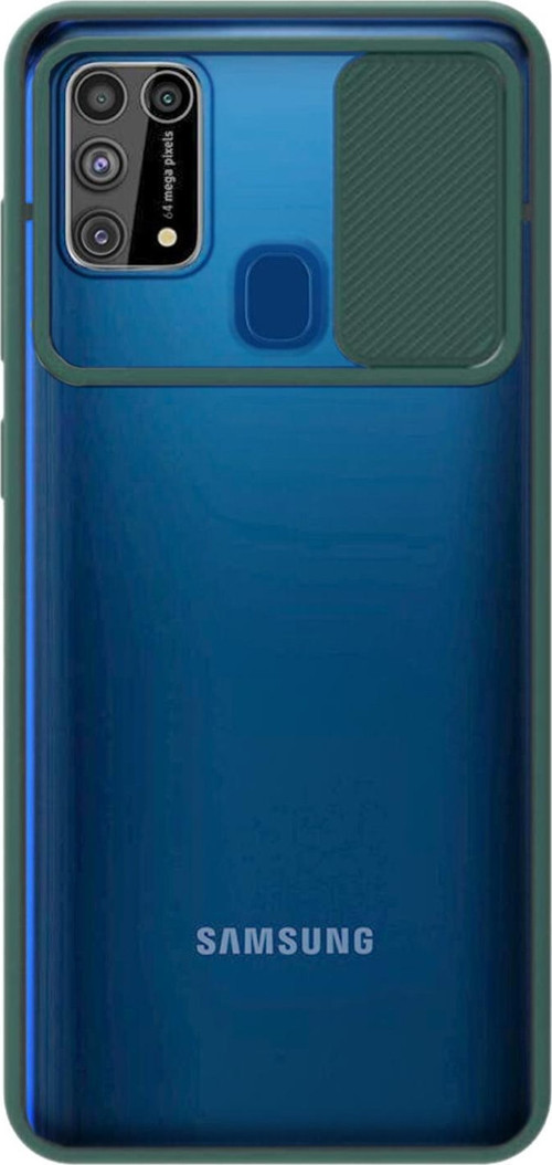 Samsung Galaxy M31 Kapak Lensi Açılır Kapanır Kamera Korumalı Silikon Kılıf - Yeşil