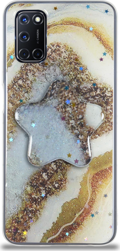 Oppo A72 Kapak Mermer Desenli Pop Socketli Silikon Kılıf - Gold