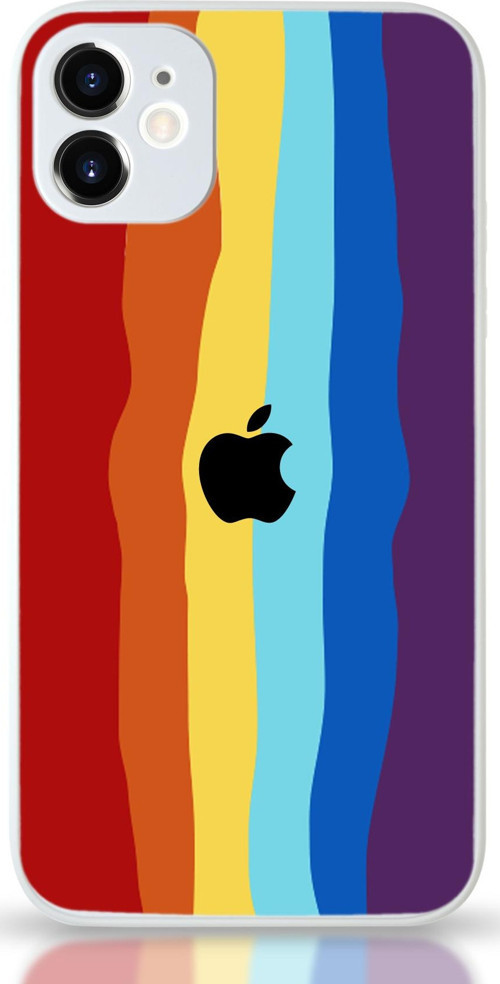 Apple iPhone 11 Uyumlu Kamera Korumalı Cam Kapak - Beyaz Gökkuşağı Desenli