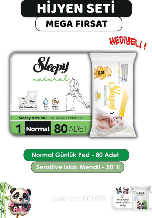 Natural Ultra Hassas Hijyenik Günlük Ped Normal 80 Adet, Sensitive 50'li Islak Mendil ve ROSIE