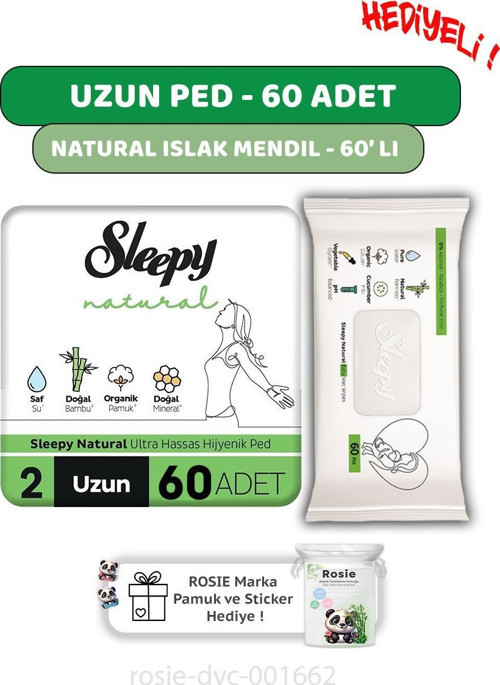 Natural Ultra Hassas Hijyenik Ped Uzun 60 Adet, Natural 60'lı Islak Mendil ve ROSIE