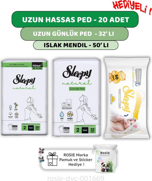 Natural Ultra Hassas Uzun Ped 20'li,Günlük Ped 32'li Sensitive 50'li Mendil ve ROSIE